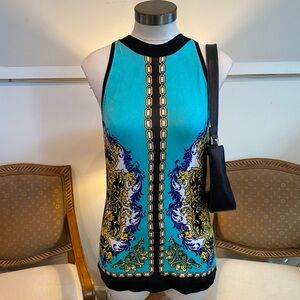 Cache Y2K Turquoise Blue & Black Knit Mock Neck Top with Baroque Chain Print